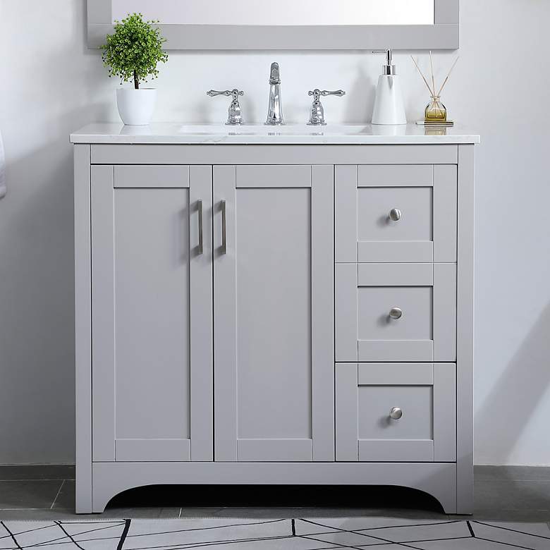 Image 1 36-Inch Grey Single Sink Bathroom Vanity With White Calacatta Quartz Top