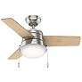 36" Hunter Aker Brushed Nickel LED Light Pull Chain Ceiling Fan