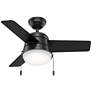 36" Hunter Aker Matte Black LED Light Pull Chain Ceiling Fan