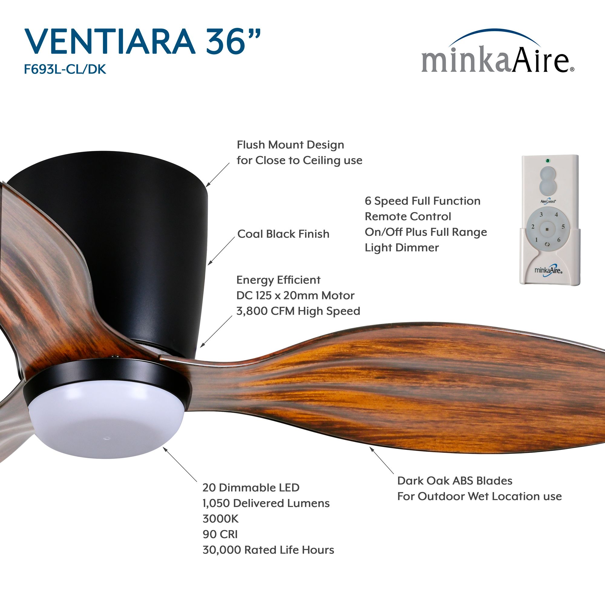 Image 6 36" Minka Aire Ventiara LED Coal Black 3-Blade Ceiling Fan more views