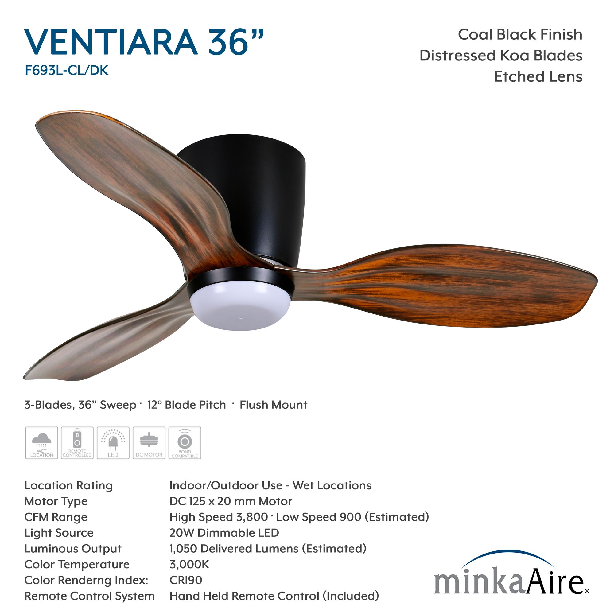 36" Minka Aire Ventiara LED Coal Black 3-Blade Ceiling Fan