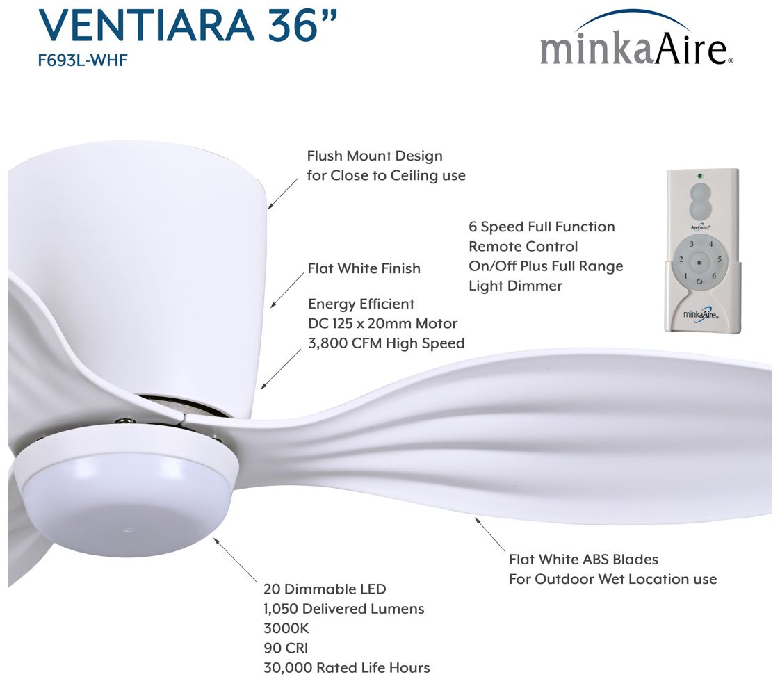 Image 2 36" Minka Aire Ventiara LED Flat White 3-Blade Ceiling Fan more views