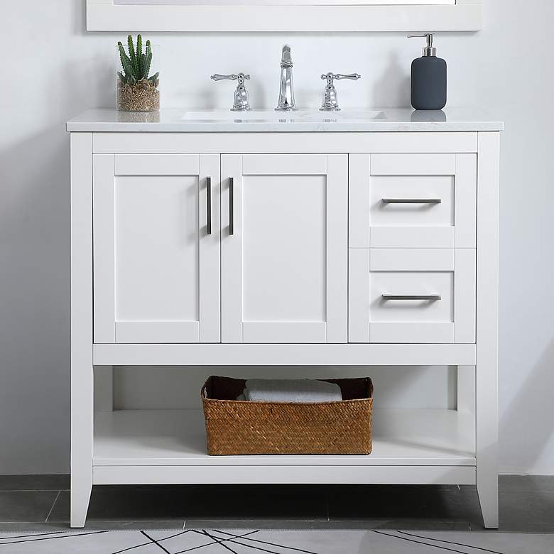 Image 2 36-Inch White Single Sink Bathroom Vanity With White Calacatta Quartz Top