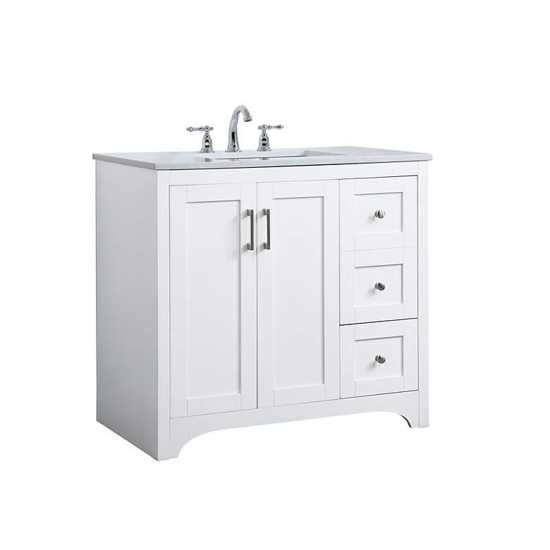 Image 3 36-Inch White Single Sink Bathroom Vanity With White Calacatta Quartz Top more views