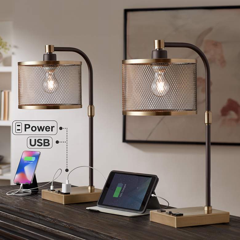 Image 1 360 Lighting 22 1/4 inch Black Brass USB and Outlet Desk Lamps Set of 2