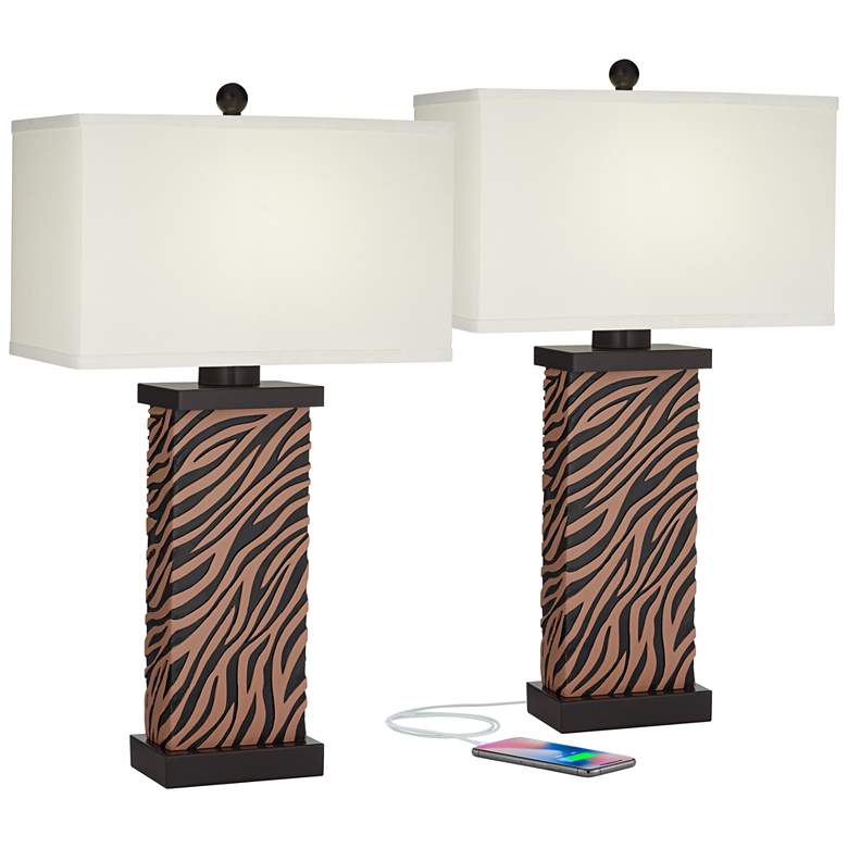 Image 2 360 Lighting 26 7/8" High Zebra Pattern USB Table Lamps Set of 2