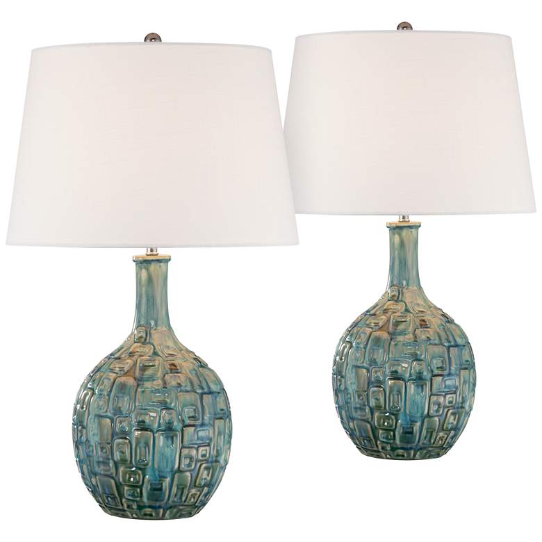 Image 2 360 Lighting 26" Mid-Century Teal Ceramic Gourd Table Lamps Set of 2