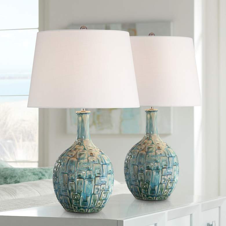 Image 1 360 Lighting 26" Mid-Century Teal Ceramic Gourd Table Lamps Set of 2