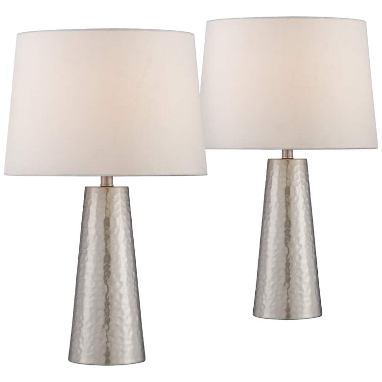 Image 2 360 Lighting 26" Silver Leaf Hammered Cylinder Lamps Set of 2