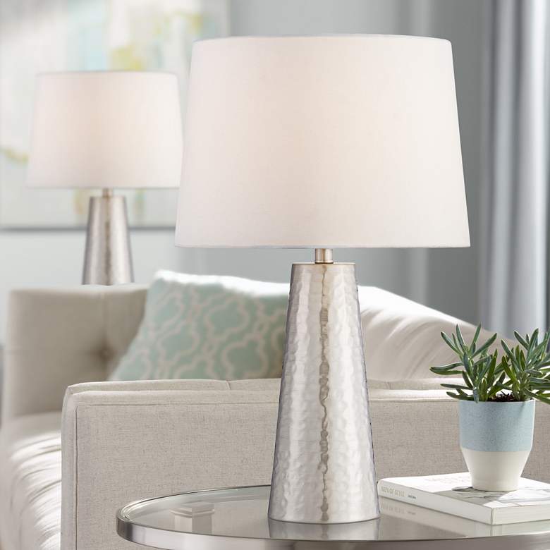 Image 1 360 Lighting 26" Silver Leaf Hammered Cylinder Lamps Set of 2