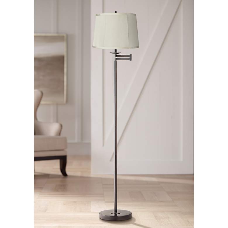 Image 1 360 Lighting 60 1/2" Beige Drum Bronze Swing Arm Floor Lamp