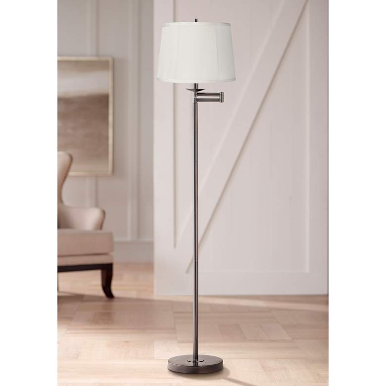 Image 1 360 Lighting 60 1/2" Beige Drum Bronze Swing Arm Floor Lamp