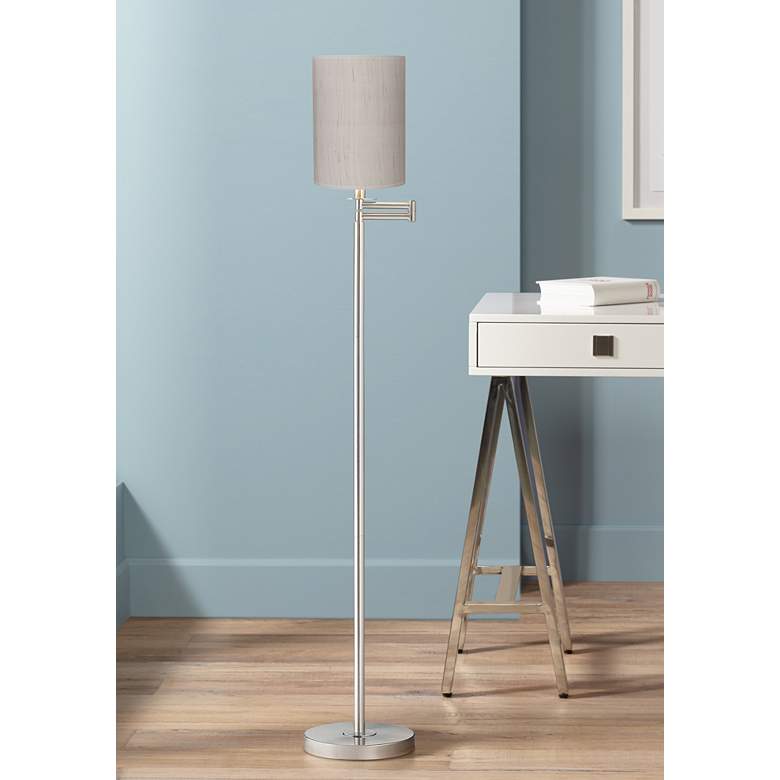 Image 1 360 Lighting 60 1/2" Ivory Linen Nickel Finish Swing Arm Floor Lamp
