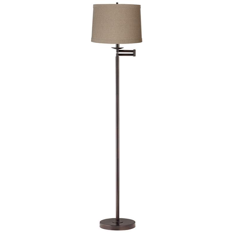 Image 2 360 Lighting 60 1/2" Natural Linen Drum Bronze Swing Arm Floor Lamp