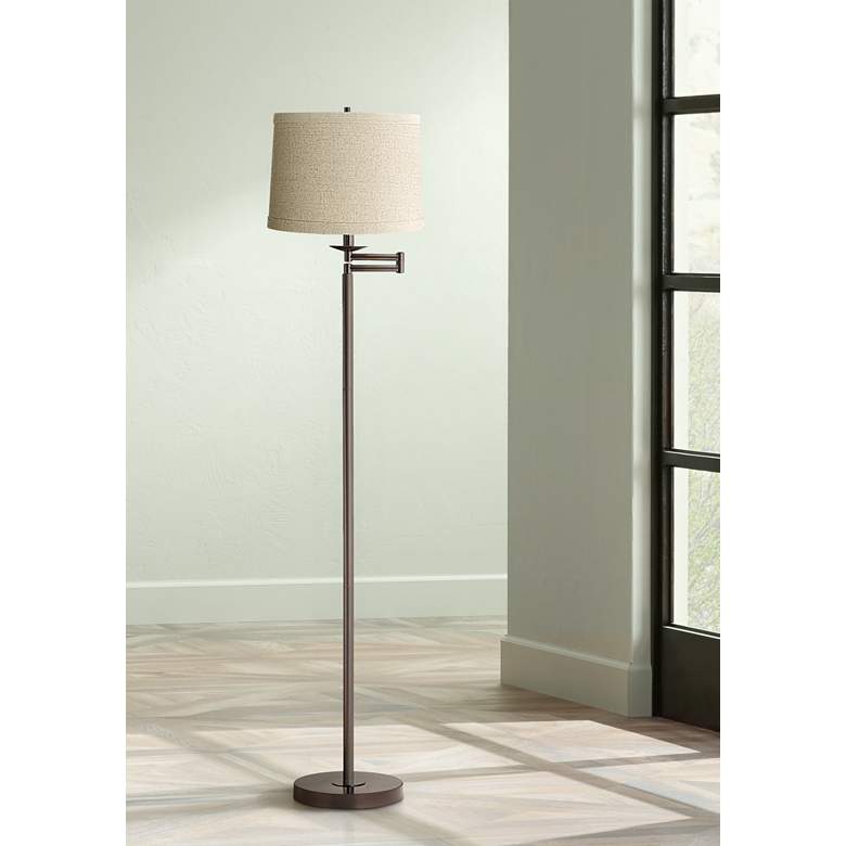 Image 1 360 Lighting 60 1/2" Natural Linen Drum Bronze Swing Arm Floor Lamp