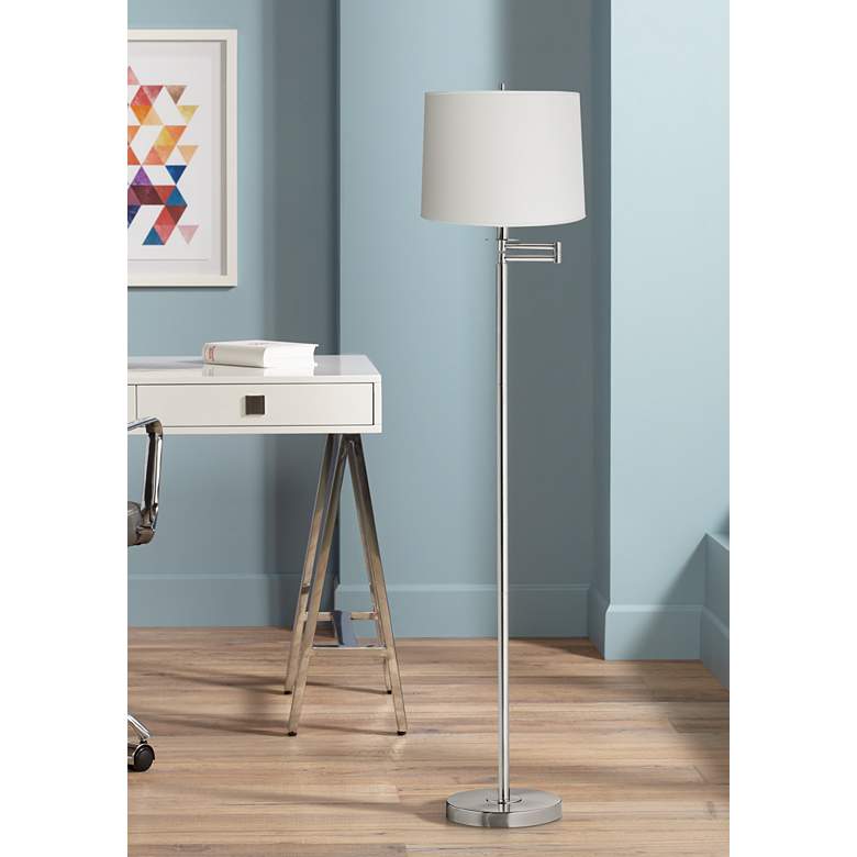 Image 1 360 Lighting 60 1/2" White Drum Brushed Nickel Swing Arm Floor Lamp