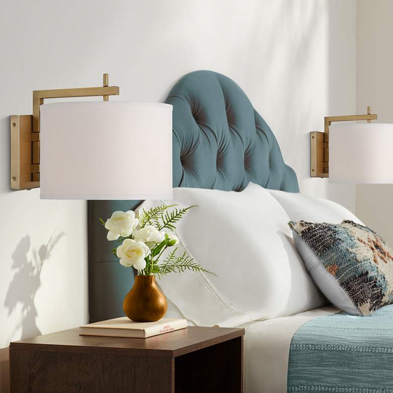 Image 1 360 Lighting Adair 12" High Warm Brass Plug-In Wall Lamps Set of 2
