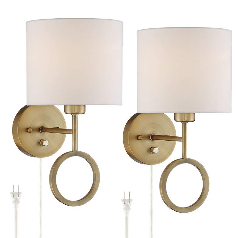 Image 2 360 Lighting Amidon Warm Brass Drop Ring Plug-In Wall Lamps Set of 2