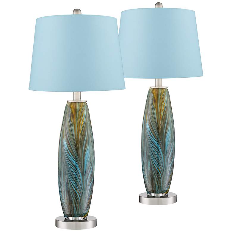 Image 1 360 Lighting Azure 26 3/4" Blue Shade and Glass Table Lamps Set of 2