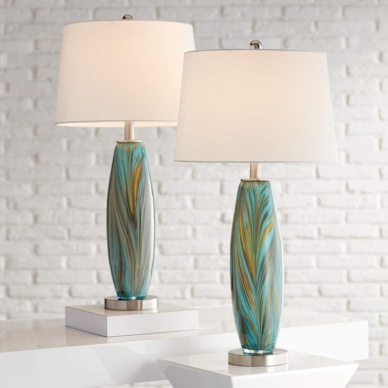 Image 1 360 Lighting Azure 29 1/2" Blue Art Glass Table Lamps Set of 2