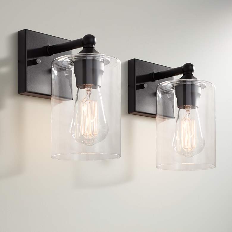 Image 1 360 Lighting Bellings 9 1/2" High Black and Glass Wall Sconce Set of 2