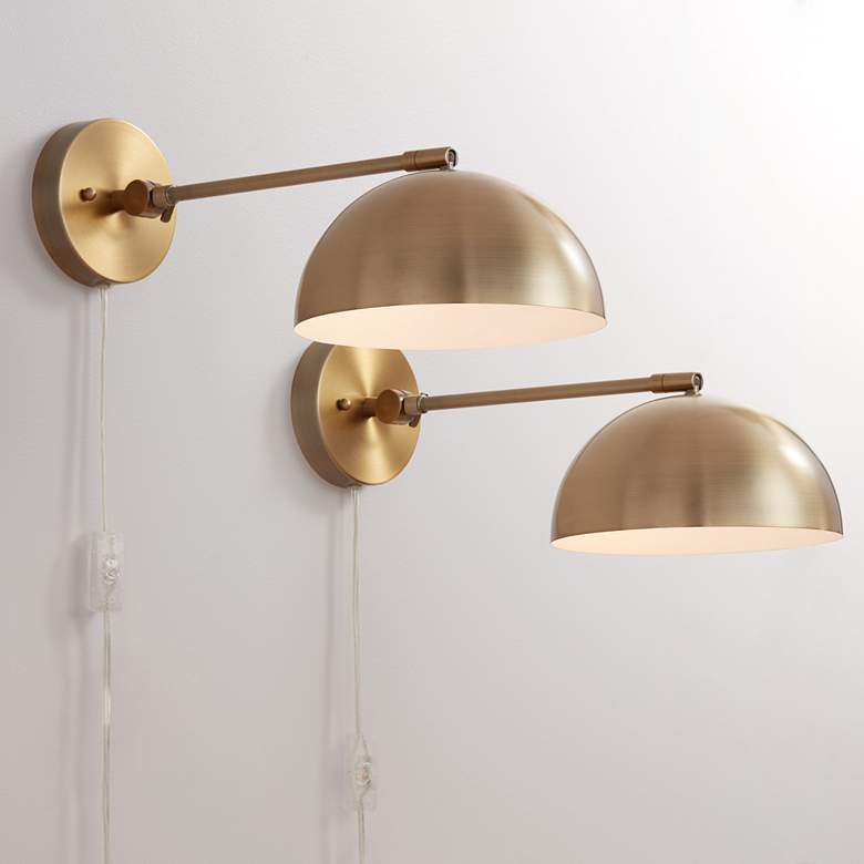 Image 2 360 Lighting Brava Antique Brass Down-Light Plug-In Wall Lamps Set of 2