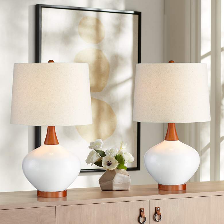 Image 1 360 Lighting Brice Ivory and Wood Mid-Century Ceramic Lamps Set of 2