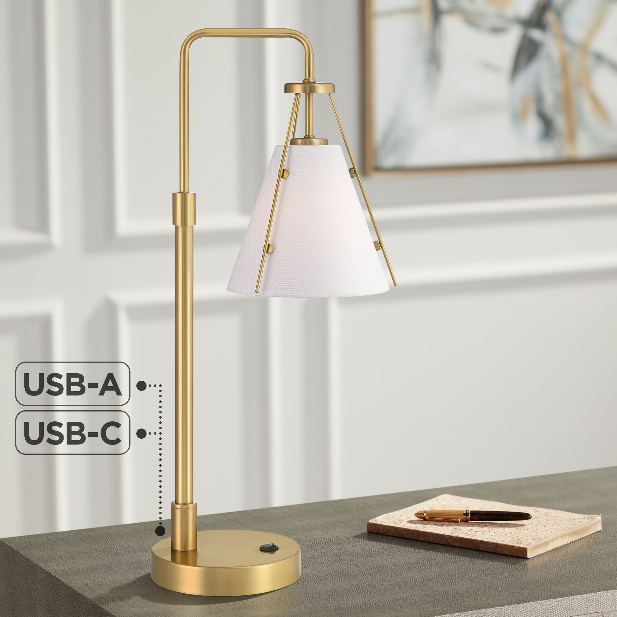 Watch A Video About the 360 Lighting Brynn Cone Shade and Brass Dual USB Lamp