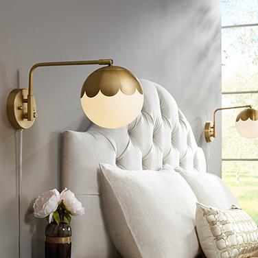 360 Lighting Camila Brass Glass Globe Plug-In Swingarm Wall Lamps Set of 2