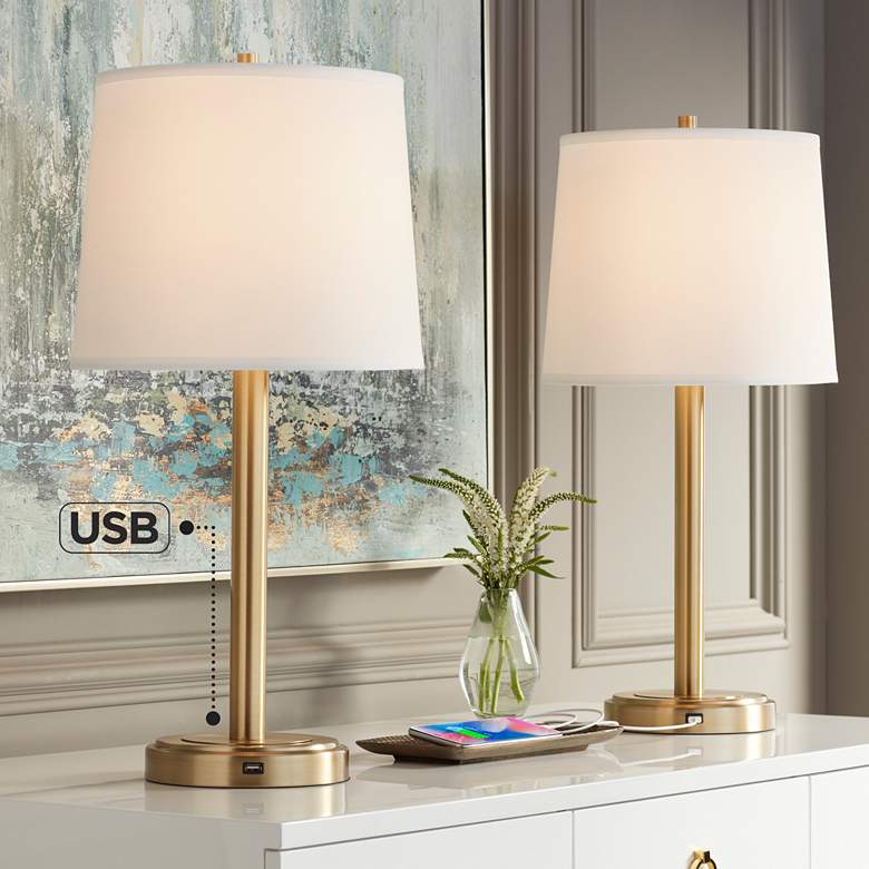 Image 1 360 Lighting Camile 25" Brass Finish Metal USB Table Lamps Set of 2
