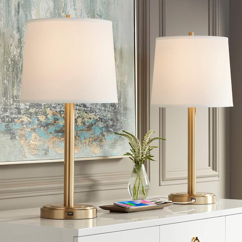 Image 1 360 Lighting Camile 25" Brass Finish Metal USB Table Lamps Set of 2