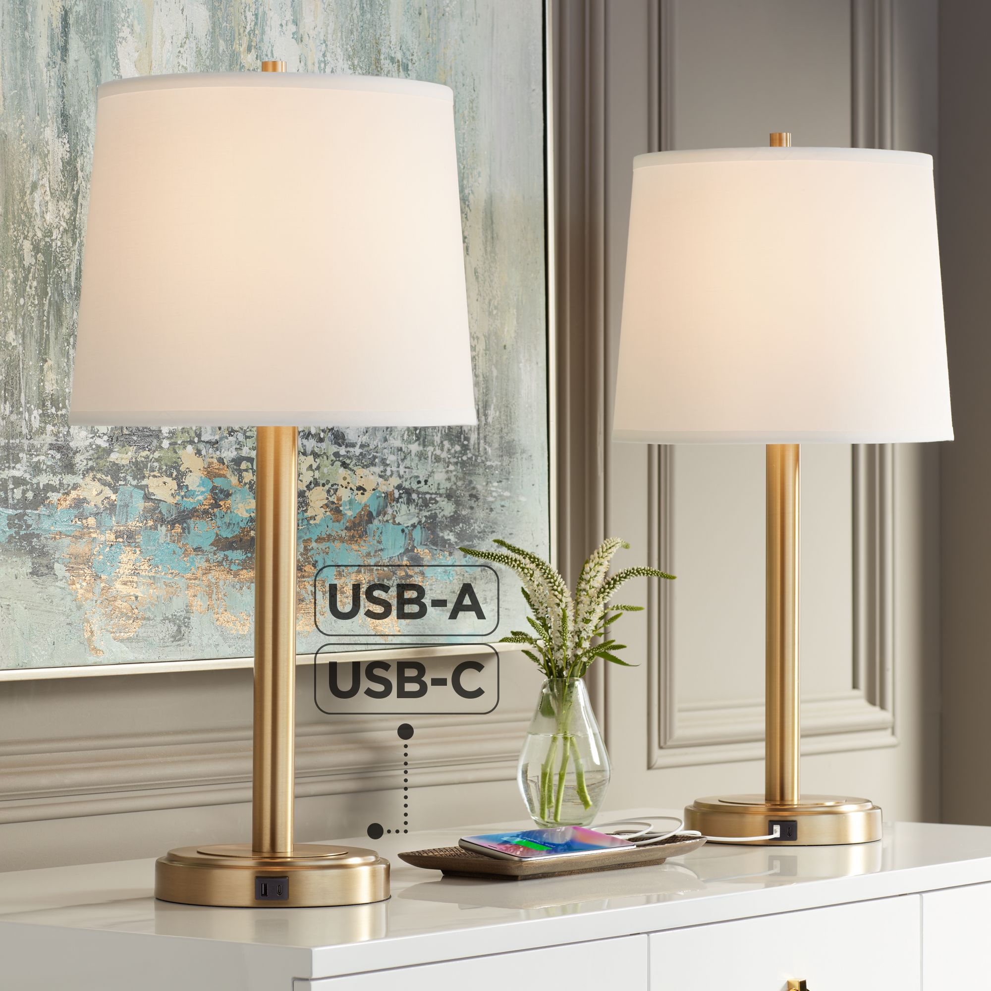 360 Lighting Camile 25" Brass Finish Metal USB Table Lamps Set of 2