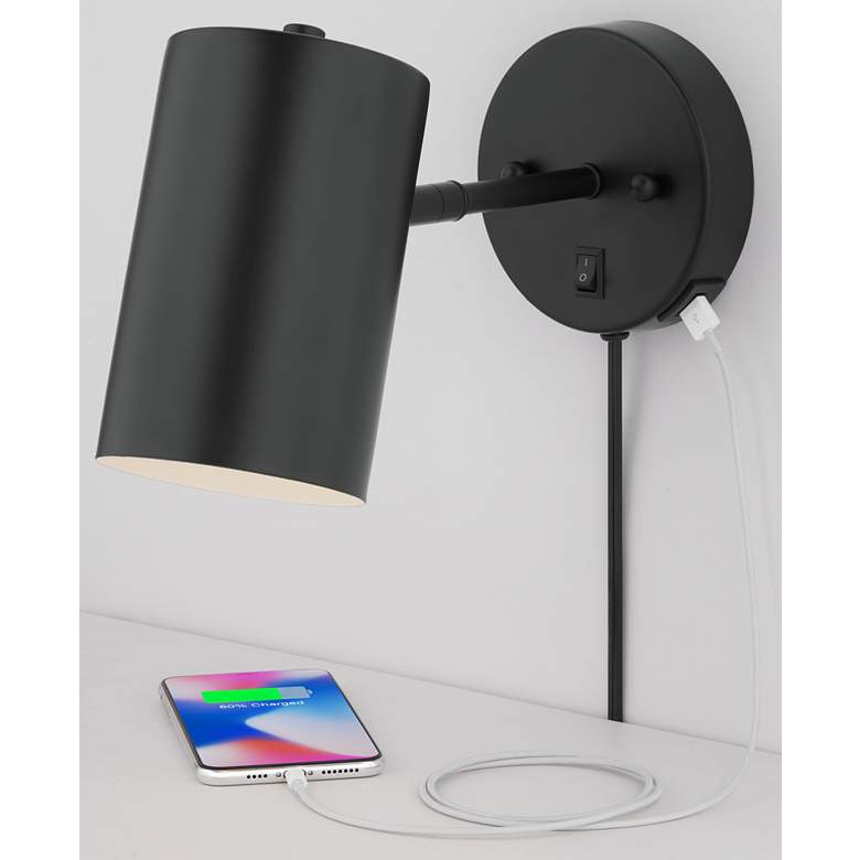 Image 3 360 Lighting Carla 7 inch Black Cylinder Plug-In Wall Lamp with USB Port more views