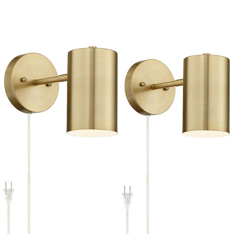 Image 2 360 Lighting Carla 7" Brass Plug-In Wall Lamps Set with Smart Sockets