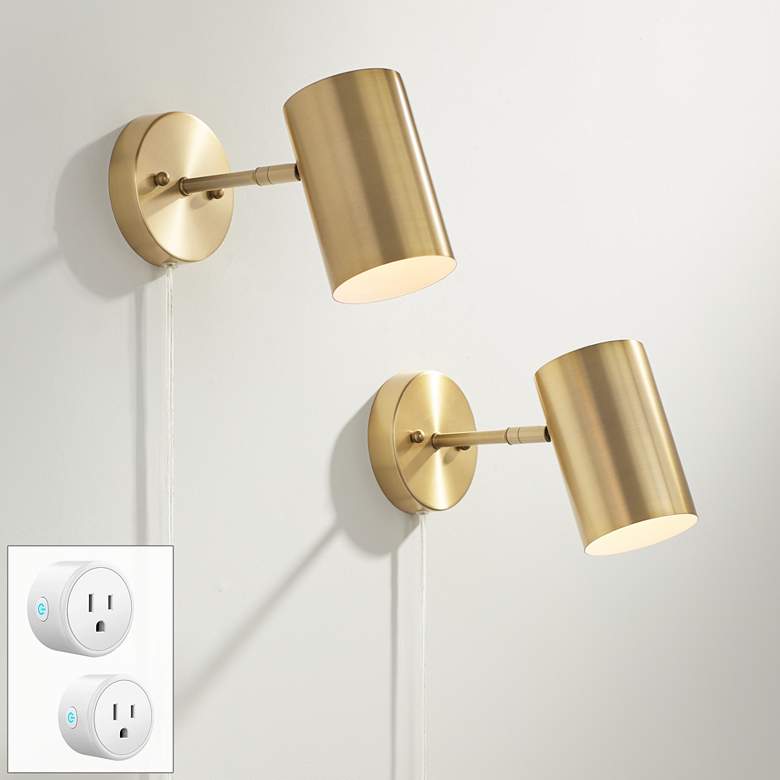 Image 1 360 Lighting Carla 7" Brass Plug-In Wall Lamps Set with Smart Sockets