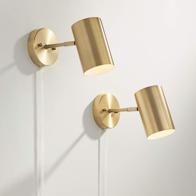 Image 1 360 Lighting Carla Brushed Brass Down-Light Plug-In Wall Lamps Set of 2