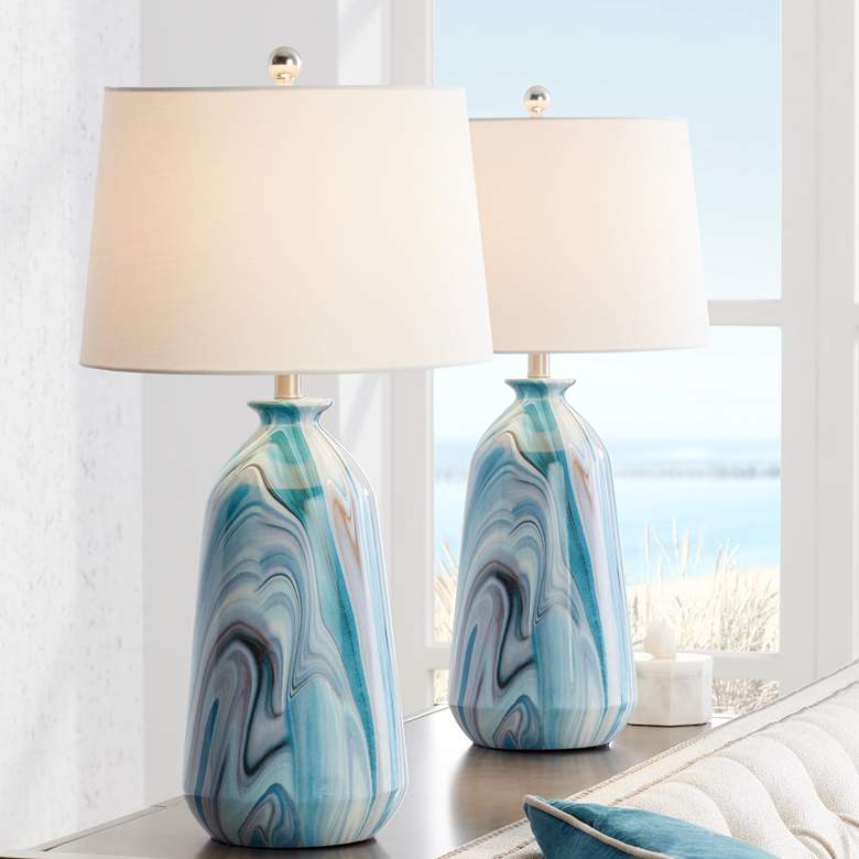 Image 1 360 Lighting Carlton 28 inch Swirling Blue Faux Marble Lamps Set of 2
