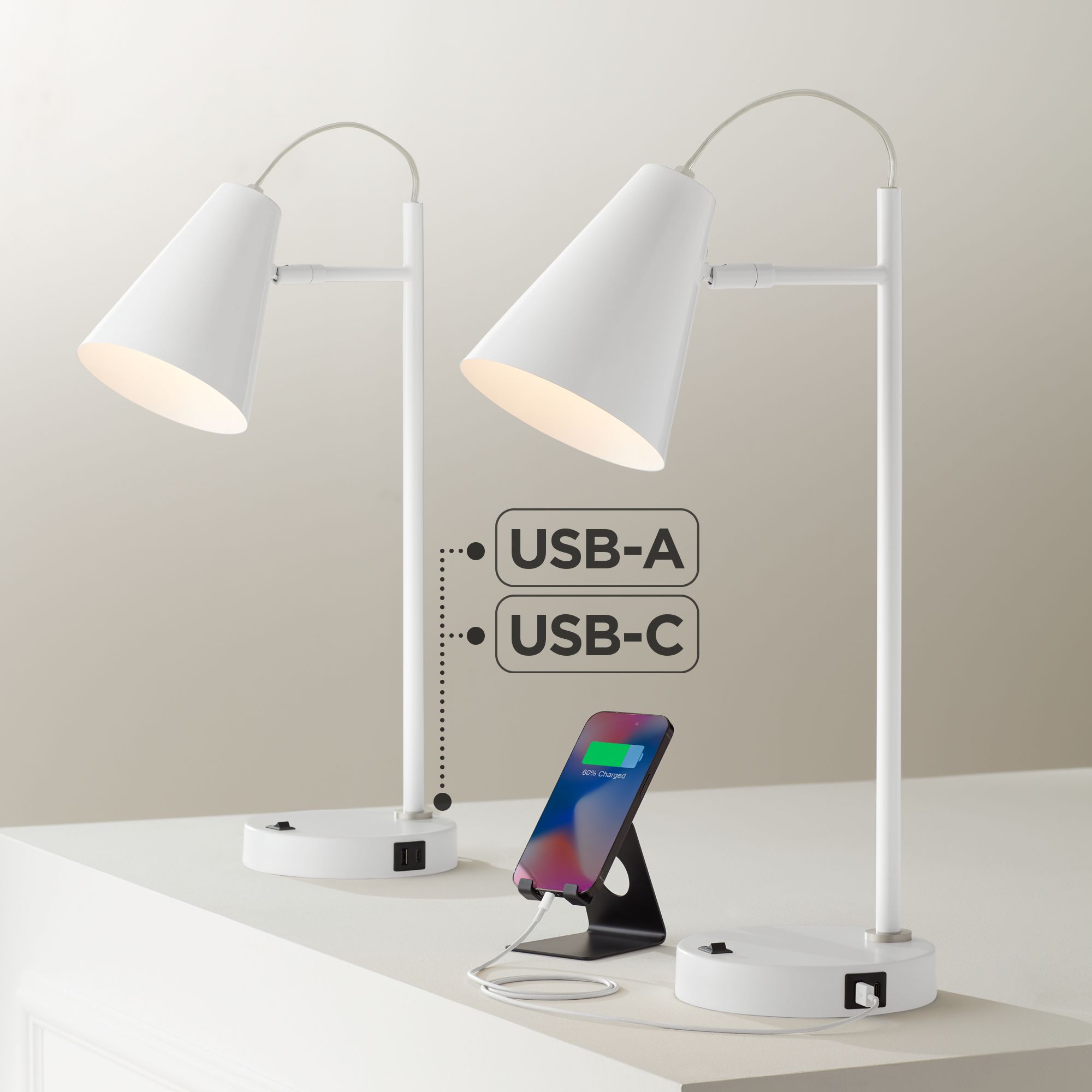 360 Lighting Chase 23" High White Modern USB Desk Lamps Set of 2