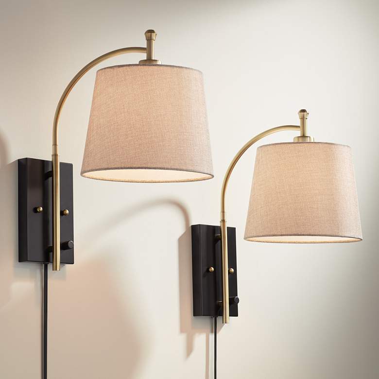 Image 1 360 Lighting Chester Antique Brass and Black Swing Arm Wall Lamps Set of 2