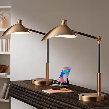 360 Lighting Colborne Adjustable Gold Black LED USB Desk Lamps Set of 2