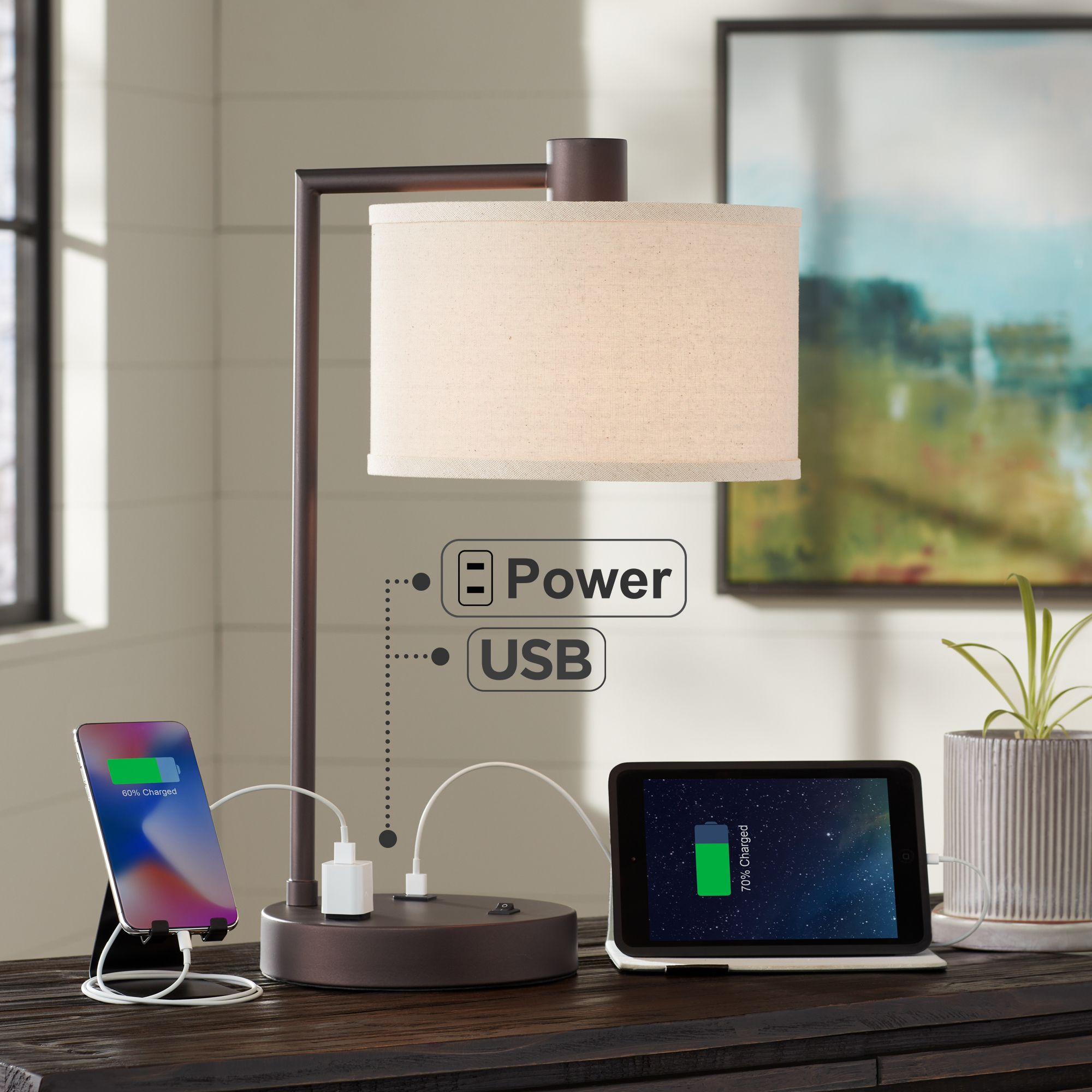 Watch A Video About the Colby Bronze Finish Desk Lamp with Outlet and USB Port