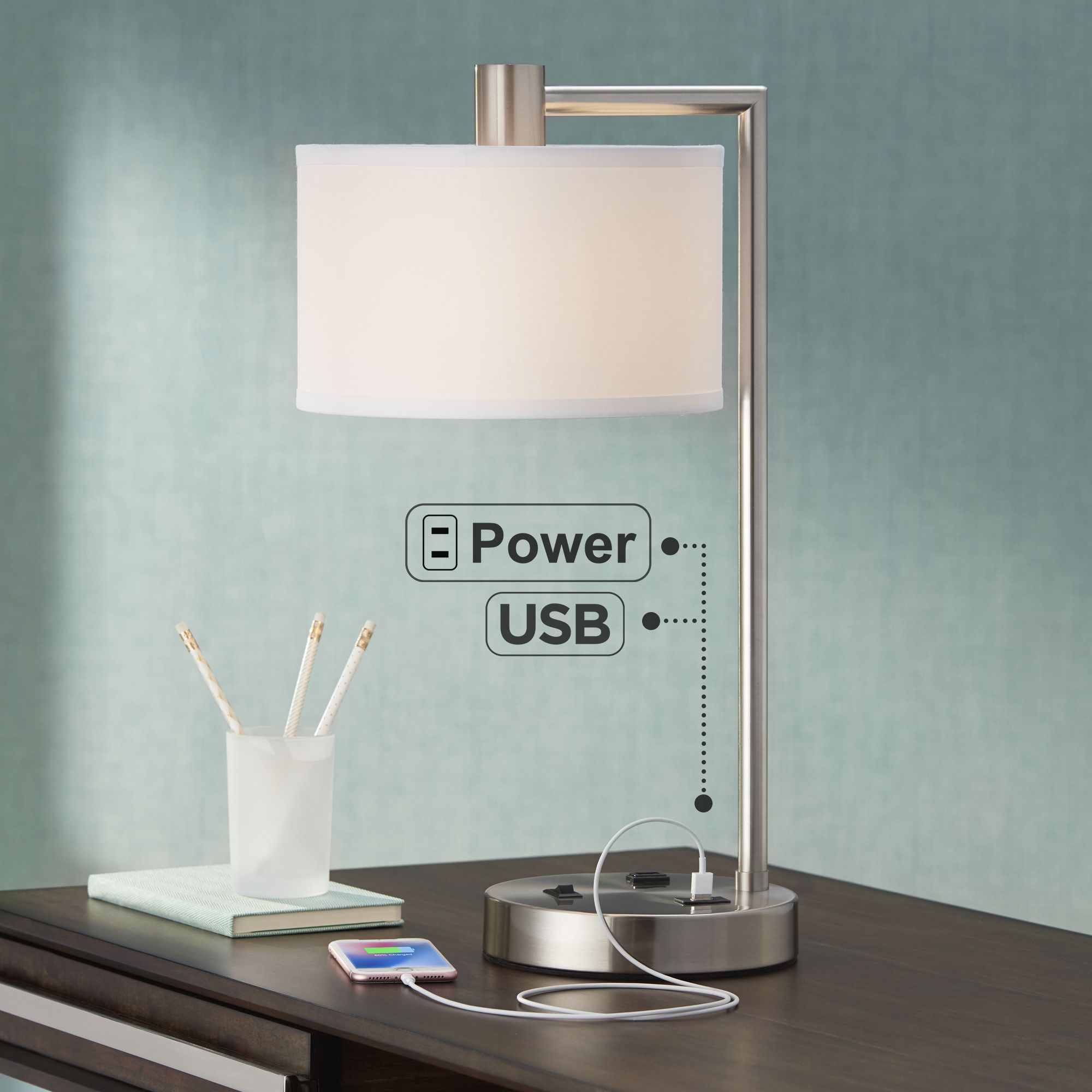 Watch A Video About the Colby Brushed Nickel Desk Lamp with Outlet and USB Port