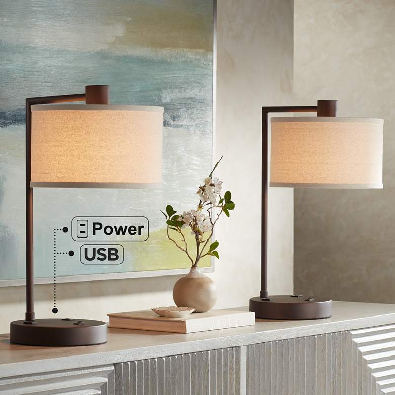 Image 1 360 Lighting Colby 21" Outlets and USB Bronze Desk Lamps Set of 2