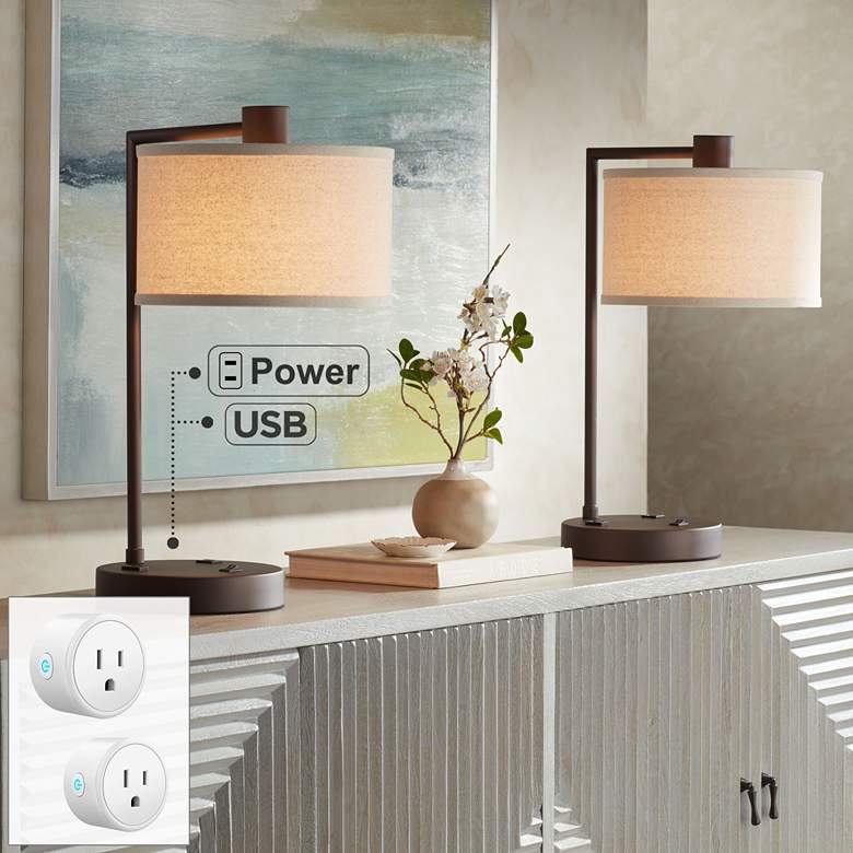 Image 1 360 Lighting Colby Bronze Outlet USB Lamps Set of 2 with Smart Sockets