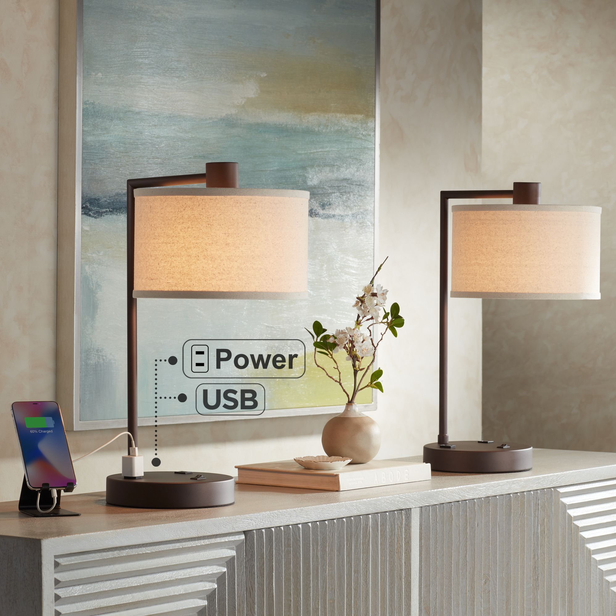 360 Lighting Colby Bronze Outlet USB Lamps Set of 2 with Smart Sockets