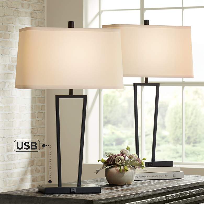 Image 1 360 Lighting Cole Black Metal Table Lamps with USB Port Set of 2