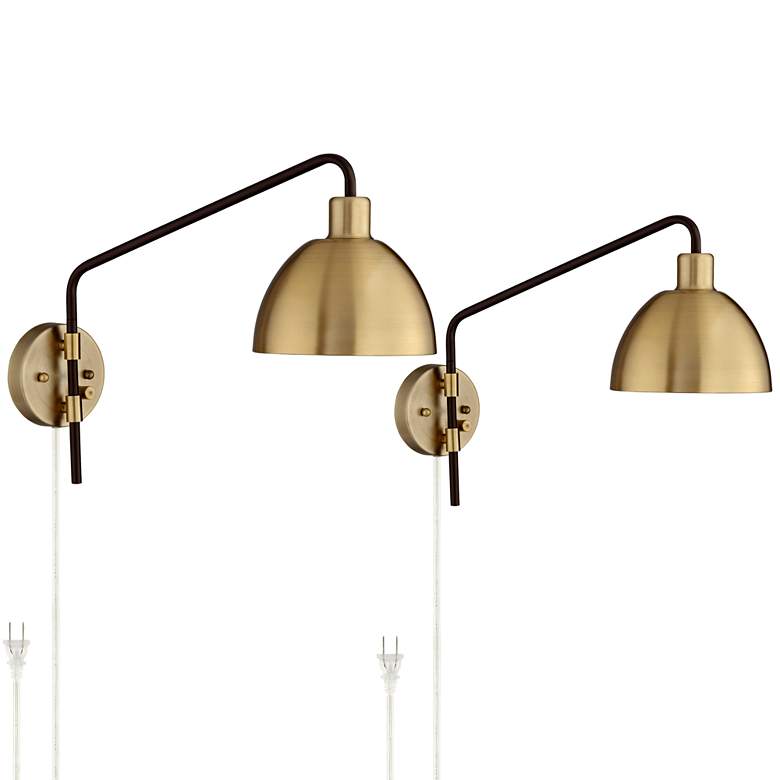Image 2 360 Lighting Colwood Brass and Bronze Plug-In Swing Arm Wall Lamps Set of 2