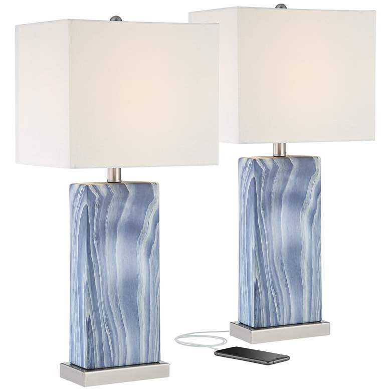 Image 3 360 Lighting Connie 25" Rippled Blue USB Table Lamps Set of 2
