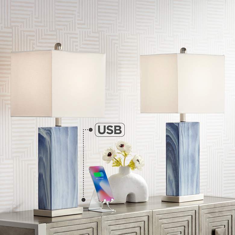 Image 2 360 Lighting Connie 25" Rippled Blue USB Table Lamps Set of 2
