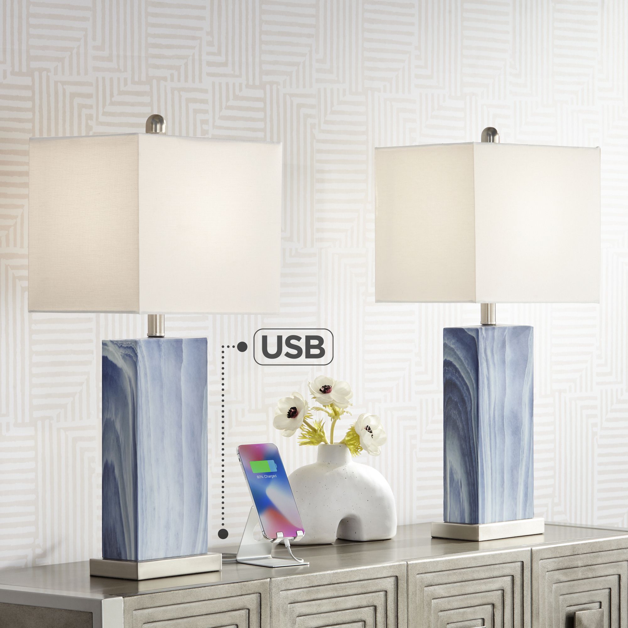 Watch A Video About the Set of 2 Connie Rippled Blue USB Table Lamp